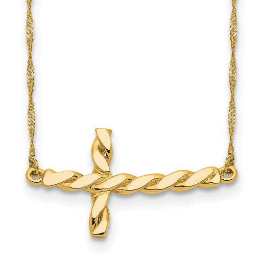 14k Yellow Gold Polished Twisted Sideways Cross Necklace 17"