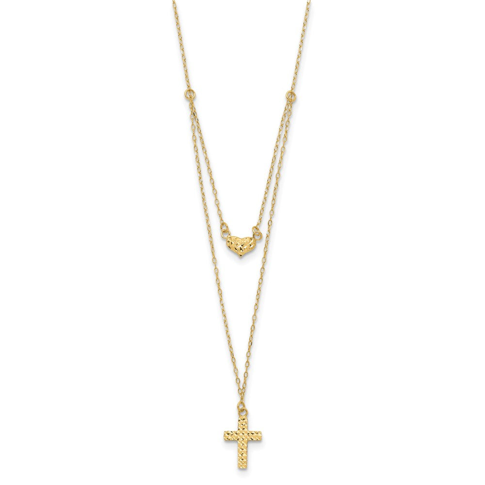 14k Yellow Gold Polished 2-Strand Diamond-cut Cross and Heart Necklace 18"