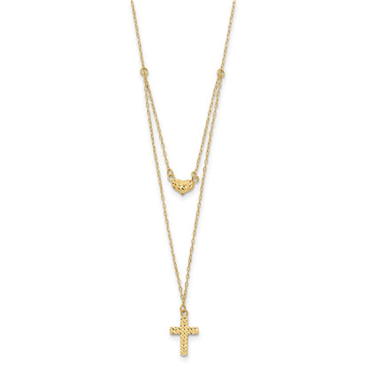 14k Yellow Gold Polished 2-Strand Diamond-cut Cross and Heart Necklace 18"