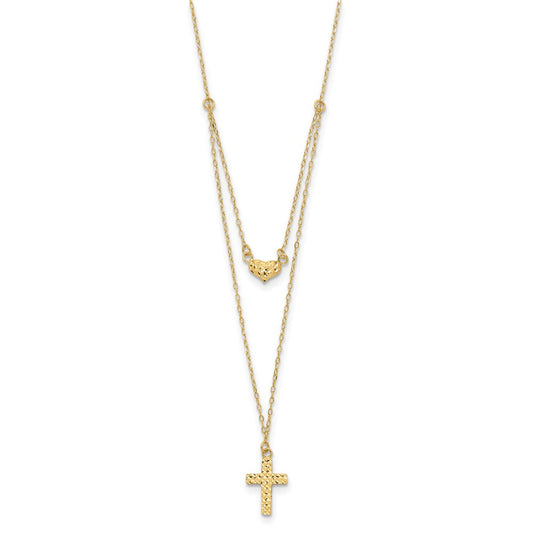 14k Yellow Gold Polished 2-Strand Diamond-cut Cross and Heart Necklace 18"