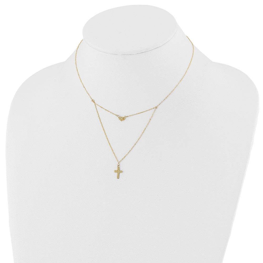 14k Yellow Gold Polished 2-Strand Diamond-cut Cross and Heart Necklace 18"