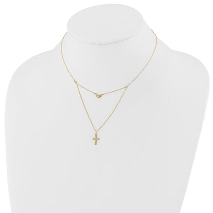 14k Yellow Gold Polished 2-Strand Diamond-cut Cross and Heart Necklace 18"