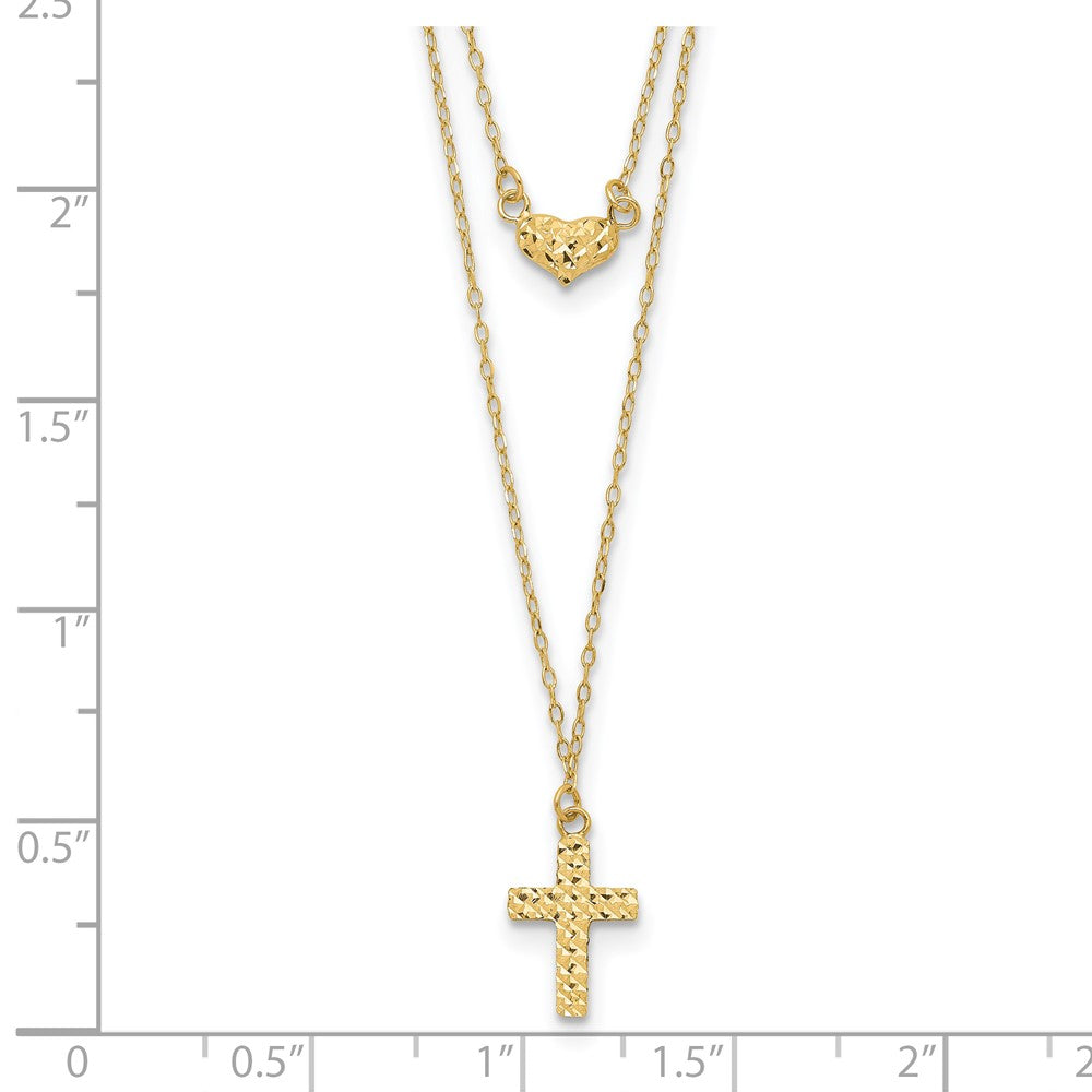 14k Yellow Gold Polished 2-Strand Diamond-cut Cross and Heart Necklace 18"
