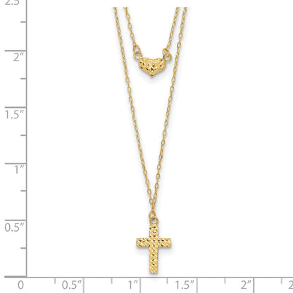 14k Yellow Gold Polished 2-Strand Diamond-cut Cross and Heart Necklace 18"