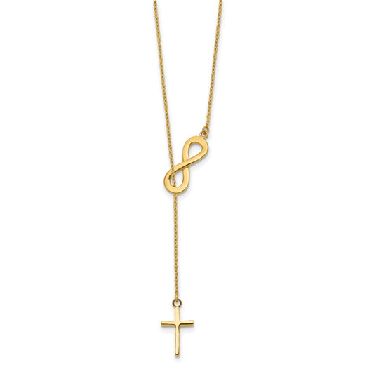 14k Yellow Gold Polished Infinity and Cross Lariat Necklace 18"
