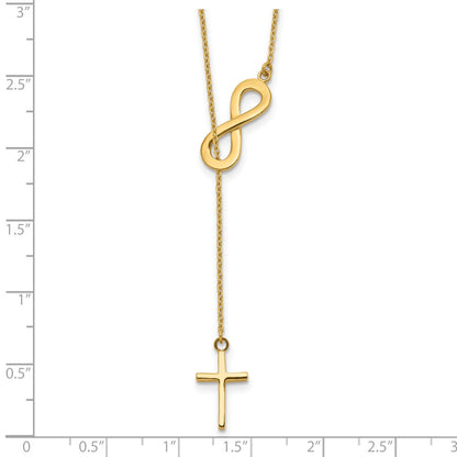 14k Yellow Gold Polished Infinity and Cross Lariat Necklace 18"