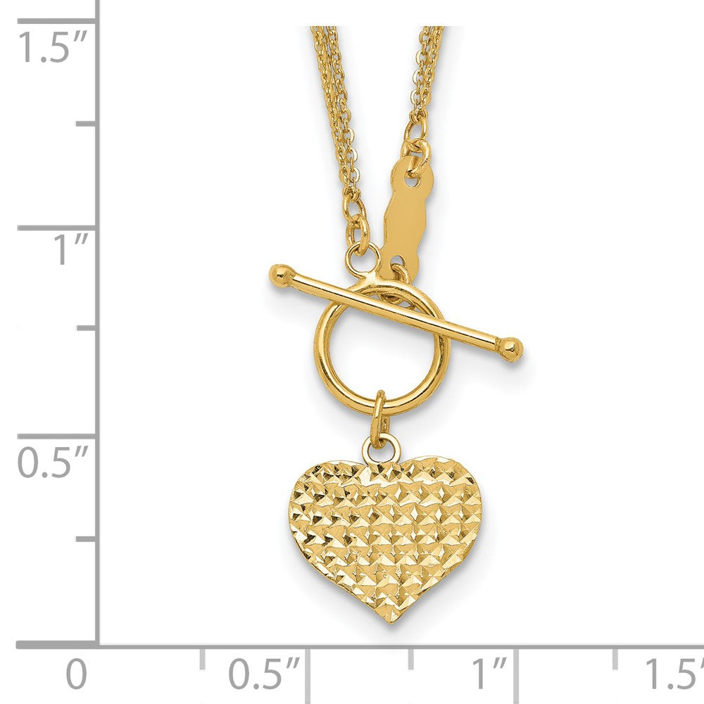 14k Yellow Gold Polished Diamond-cut Heart with 3-Strand Chain Toggle Necklace 18"