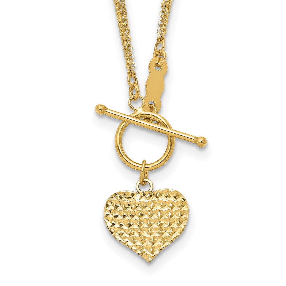 14k Yellow Gold Polished Diamond-cut Heart with 3-Strand Chain Toggle Necklace 18"