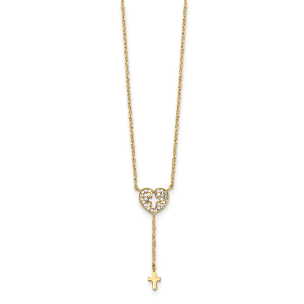 14k Yellow Gold Heart with Cross Cubic Zirconia Necklace 17"