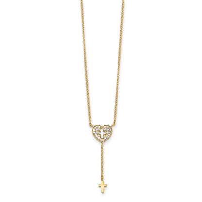 14k Yellow Gold Heart with Cross Cubic Zirconia Necklace 17"