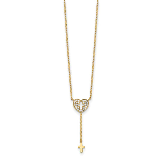 14k Yellow Gold Heart with Cross Cubic Zirconia Necklace 17"