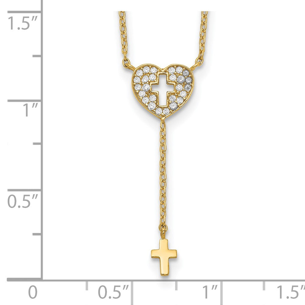 14k Yellow Gold Heart with Cross Cubic Zirconia Necklace 17"