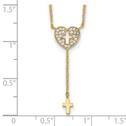 14k Yellow Gold Heart with Cross Cubic Zirconia Necklace 17"
