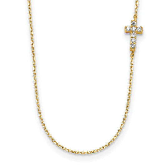 14k Yellow Gold Small Cubic Zirconia Cross Necklace 20"