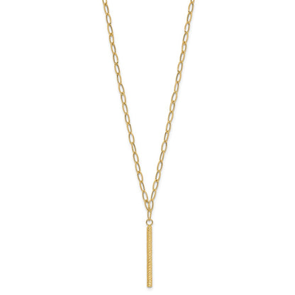 14k Yellow Gold Polished Oval Link Chain with Diamond-cut Bar Dangle Necklace 18"