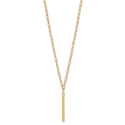 14k Yellow Gold Polished Oval Link Chain with Diamond-cut Bar Dangle Necklace 18"
