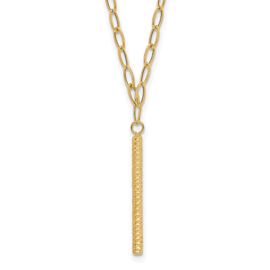14k Yellow Gold Polished Oval Link Chain with Diamond-cut Bar Dangle Necklace 18"