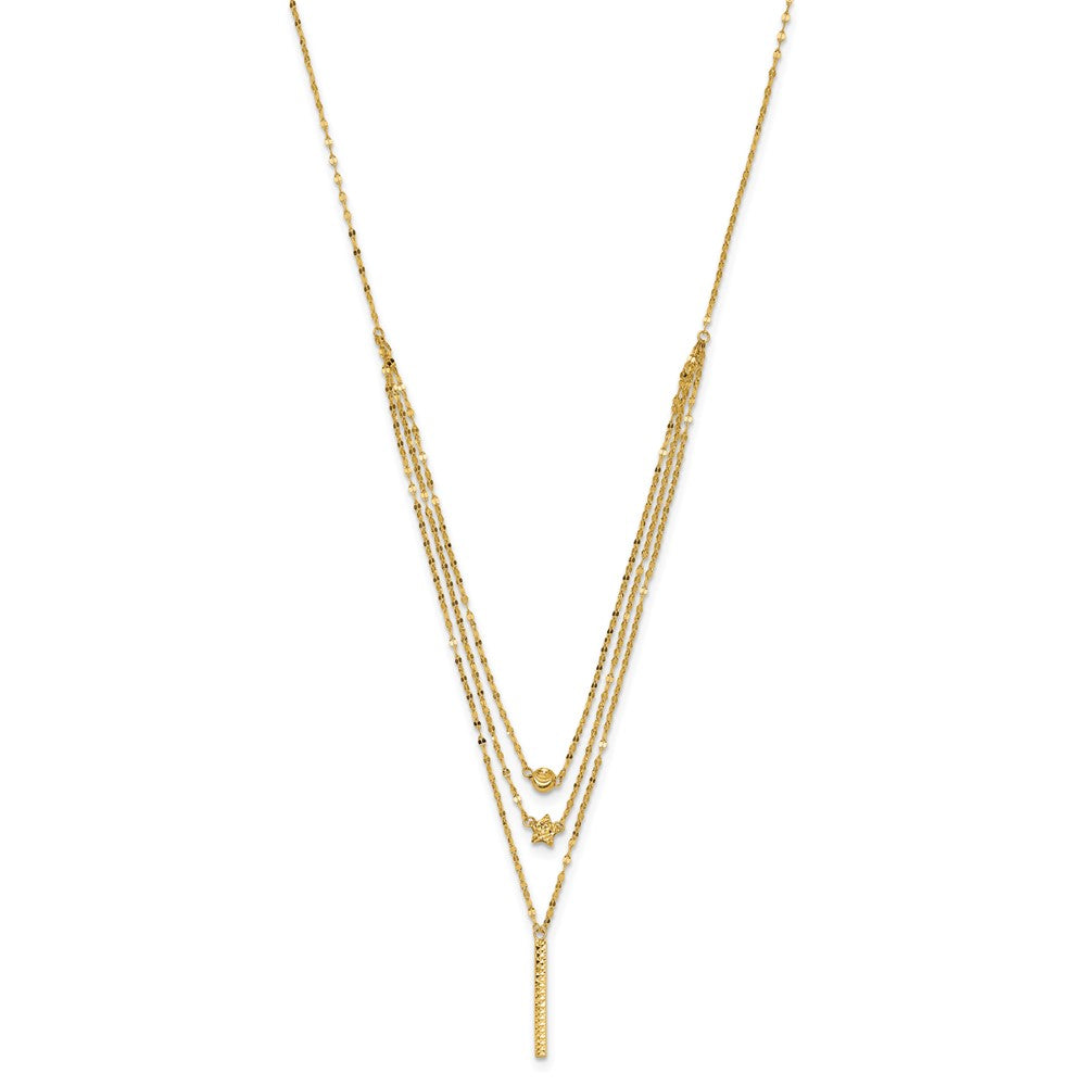 14k Yellow Gold Three Strand Diamond-cut Bead Star Bar Necklace 18"