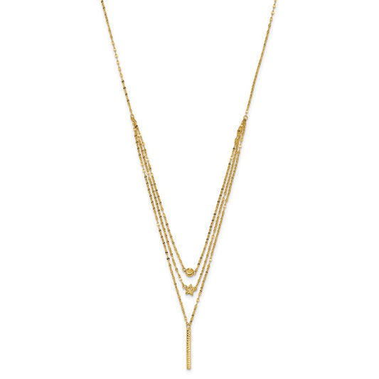 14k Yellow Gold Three Strand Diamond-cut Bead Star Bar Necklace 18"