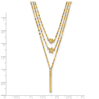 14k Yellow Gold Three Strand Diamond-cut Bead Star Bar Necklace 18"