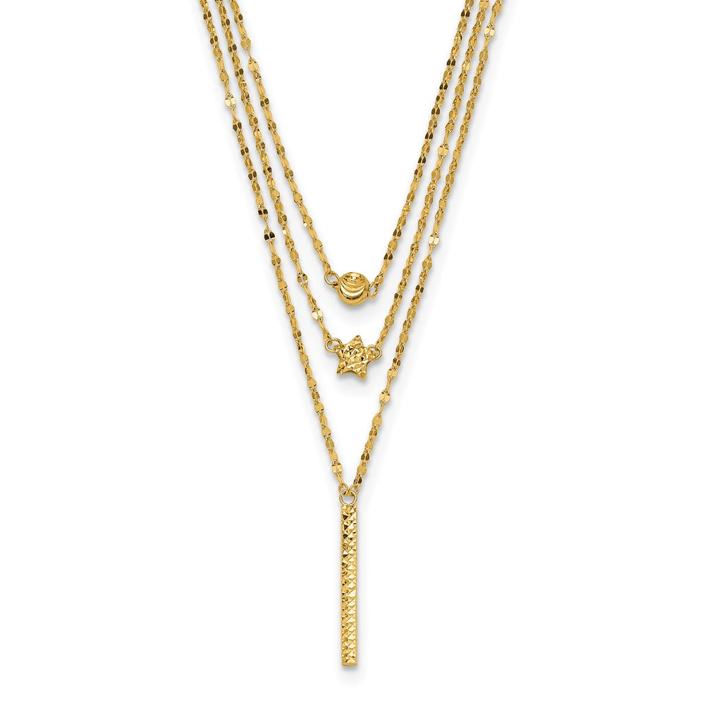 14k Yellow Gold Three Strand Diamond-cut Bead Star Bar Necklace 18"