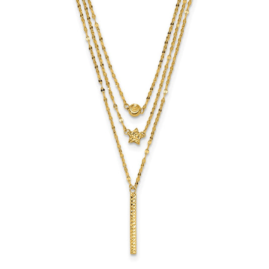 14k Yellow Gold Three Strand Diamond-cut Bead Star Bar Necklace 18"
