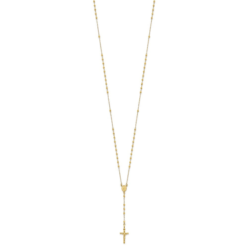 14K Polished Crucifix and Miraculous Medal with Faceted Beads Rosary Necklace 24"