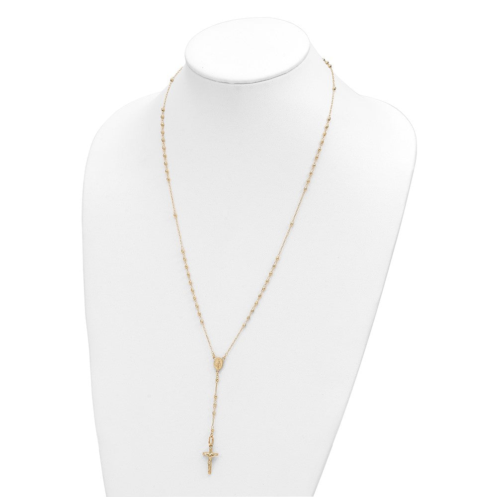 14K Polished Crucifix and Miraculous Medal with Faceted Beads Rosary Necklace 24"