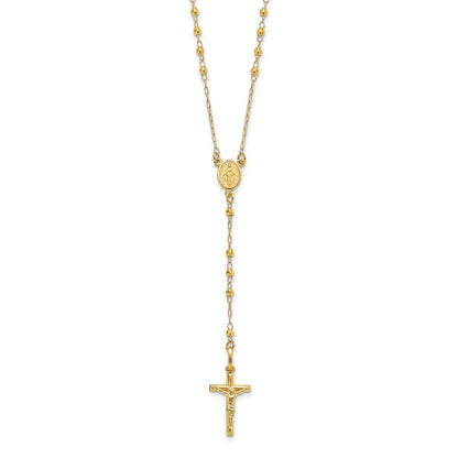 14K Polished Crucifix and Miraculous Medal with Faceted Beads Rosary Necklace 24"