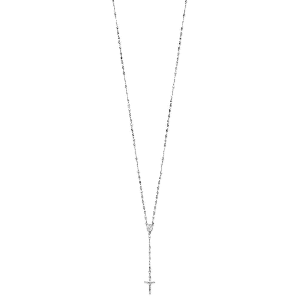 14K White Gold Polished Crucifix and Miraculous Medal with Faceted Beads Rosary Necklace 18"