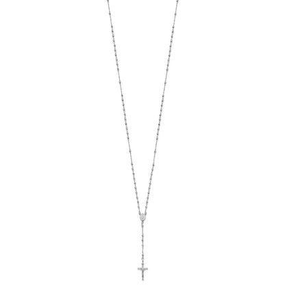 14K White Gold Polished Crucifix and Miraculous Medal with Faceted Beads Rosary Necklace 18"