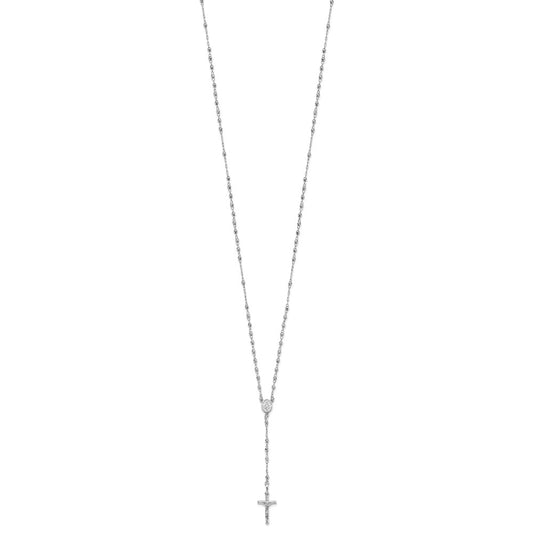 14K White Gold Polished Crucifix and Miraculous Medal with Faceted Beads Rosary Necklace 18"