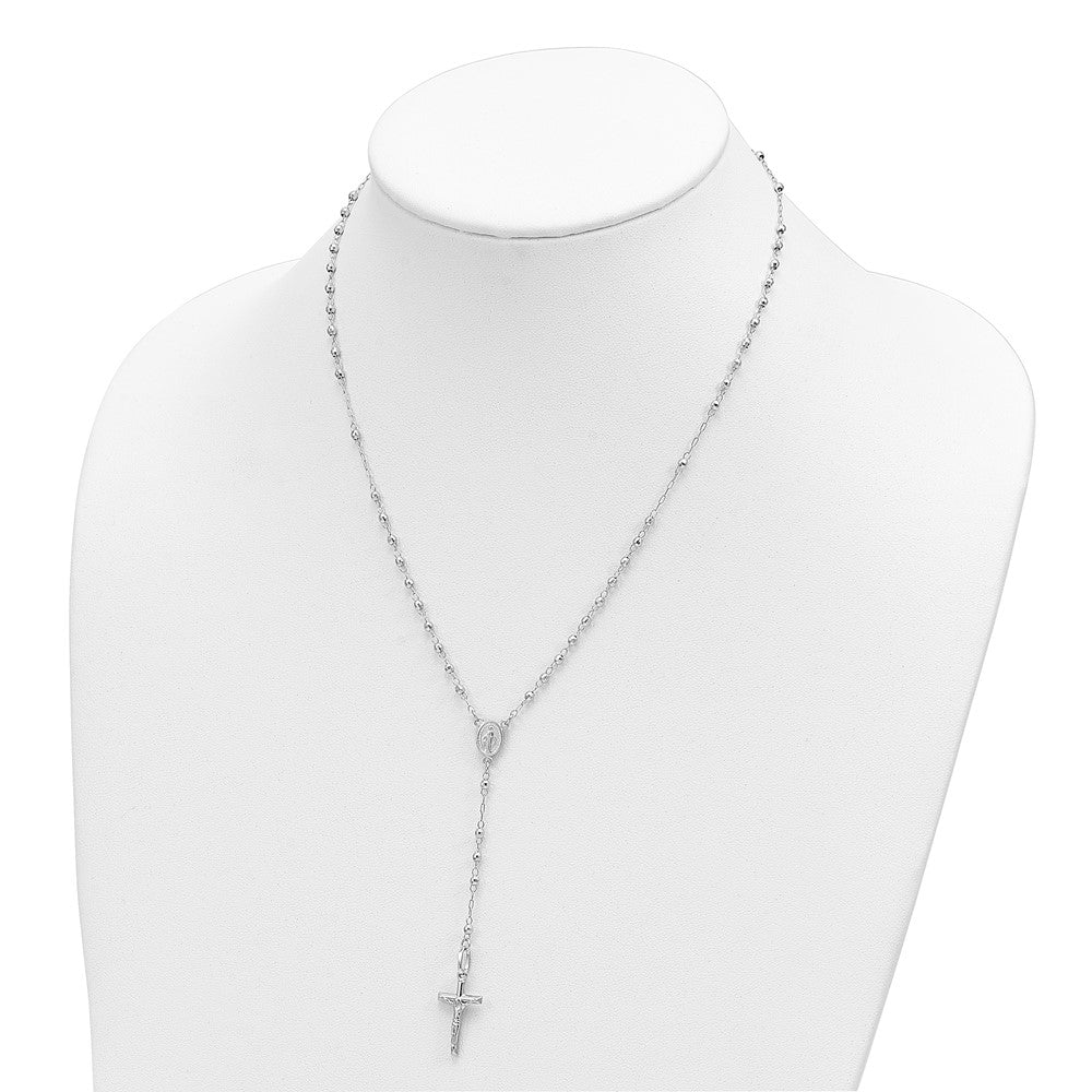 14K White Gold Polished Crucifix and Miraculous Medal with Faceted Beads Rosary Necklace 18"