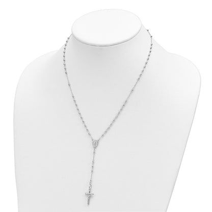 14K White Gold Polished Crucifix and Miraculous Medal with Faceted Beads Rosary Necklace 18"
