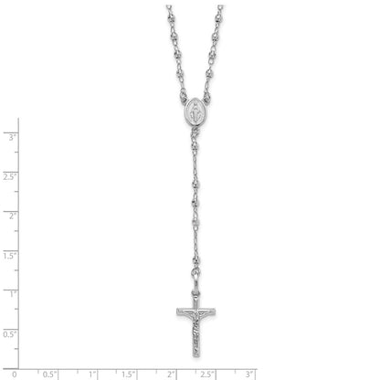 14K White Gold Polished Crucifix and Miraculous Medal with Faceted Beads Rosary Necklace 18"