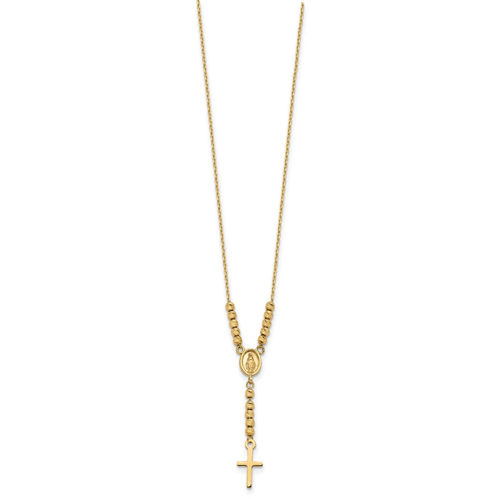 14k Yellow Gold Polished Miraculous Medal and Cross with Diamond-cut Beads Y-Necklace 17"