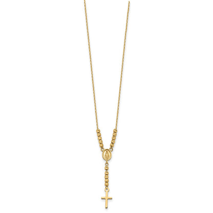 14k Yellow Gold Polished Miraculous Medal and Cross with Diamond-cut Beads Y-Necklace 17"