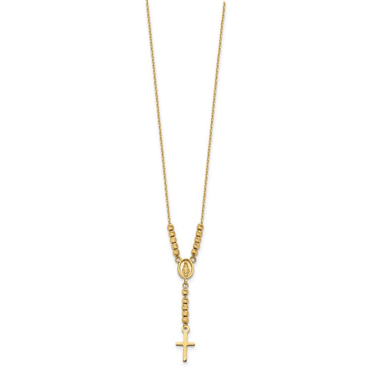 14k Yellow Gold Polished Miraculous Medal and Cross with Diamond-cut Beads Y-Necklace 17"