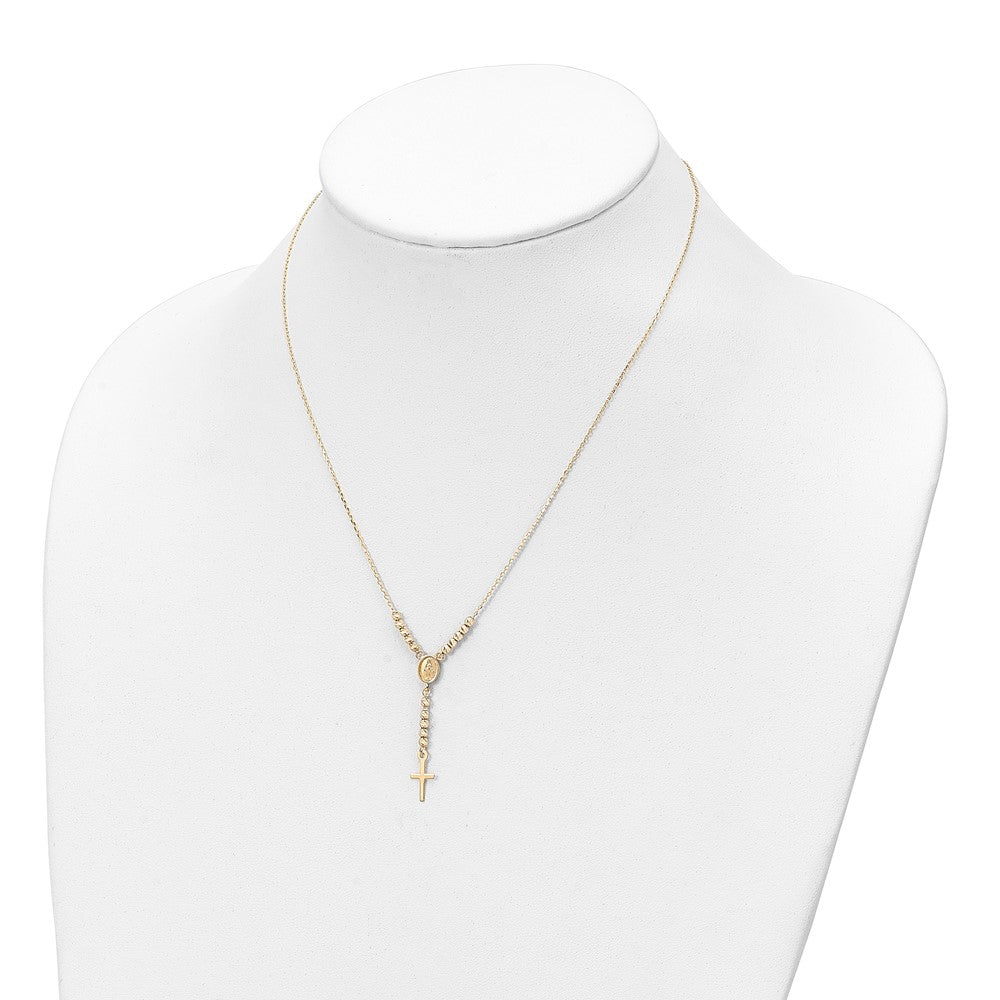 14k Yellow Gold Polished Miraculous Medal and Cross with Diamond-cut Beads Y-Necklace 17"