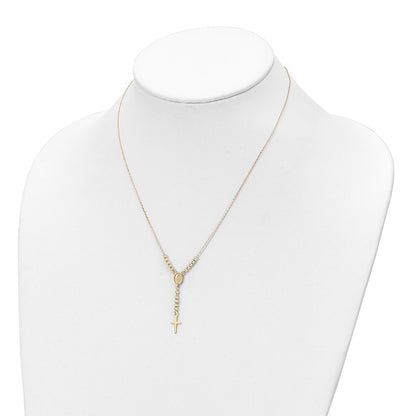 14k Yellow Gold Polished Miraculous Medal and Cross with Diamond-cut Beads Y-Necklace 17"