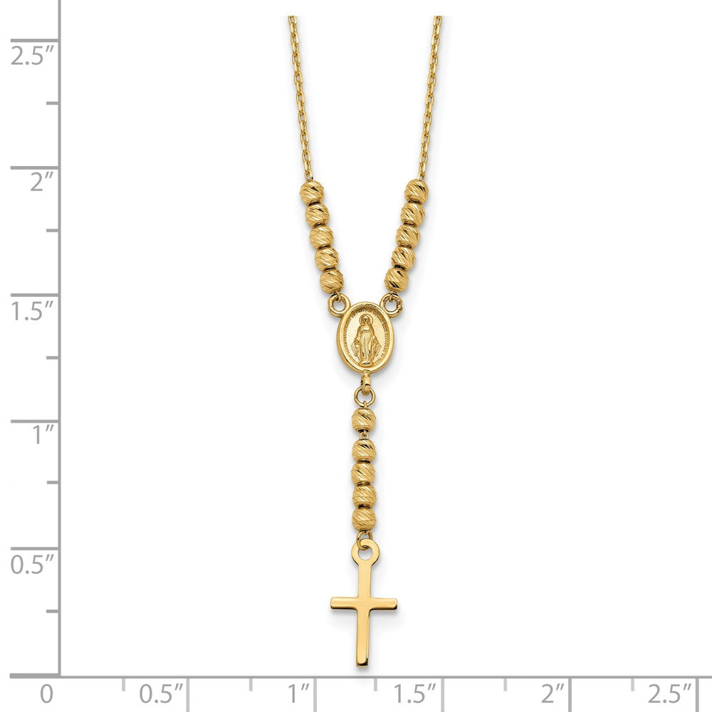 14k Yellow Gold Polished Miraculous Medal and Cross with Diamond-cut Beads Y-Necklace 17"
