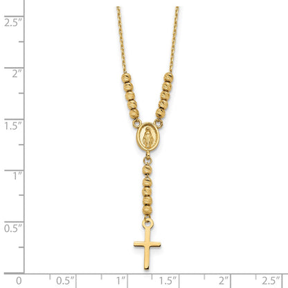 14k Yellow Gold Polished Miraculous Medal and Cross with Diamond-cut Beads Y-Necklace 17"