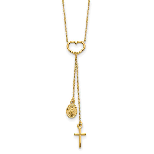 14k Yellow Gold Polished Heart with Dangle Cross and Miraculous Medal Y-Necklace 17"