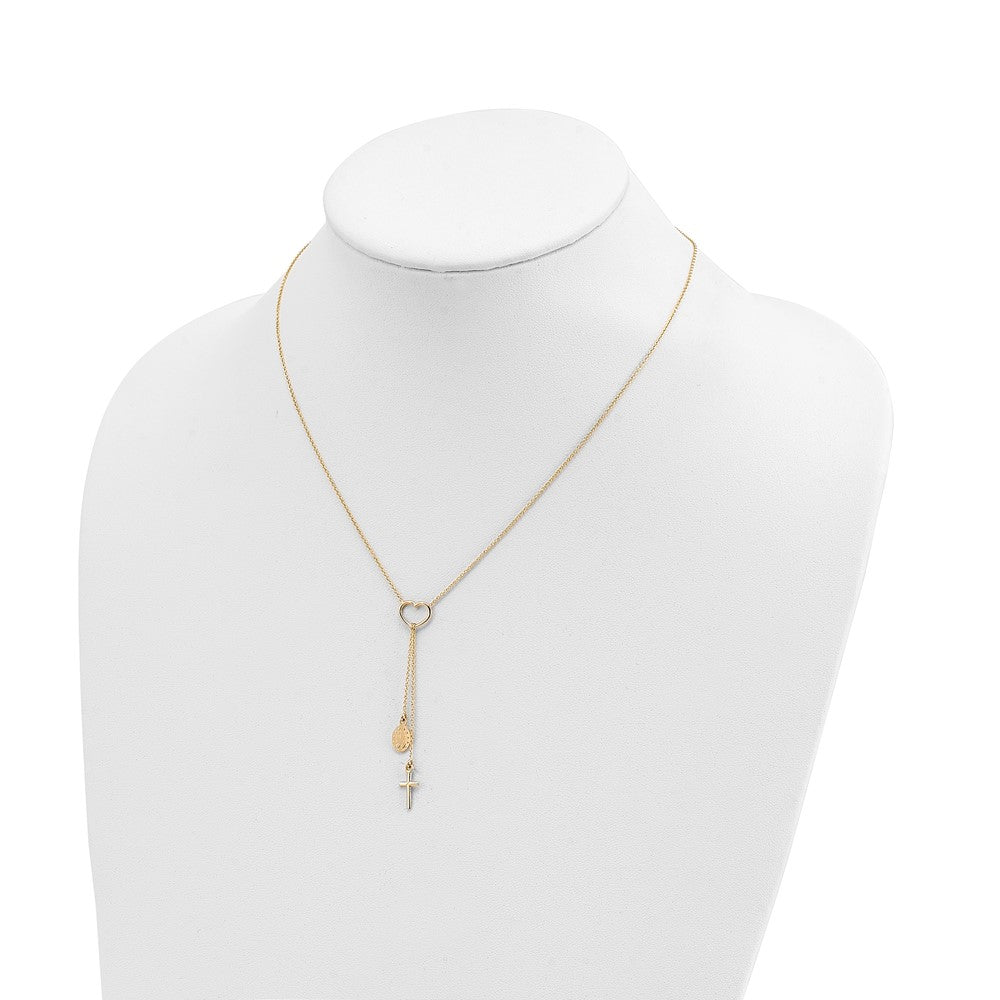 14k Yellow Gold Polished Heart with Dangle Cross and Miraculous Medal Y-Necklace 17"