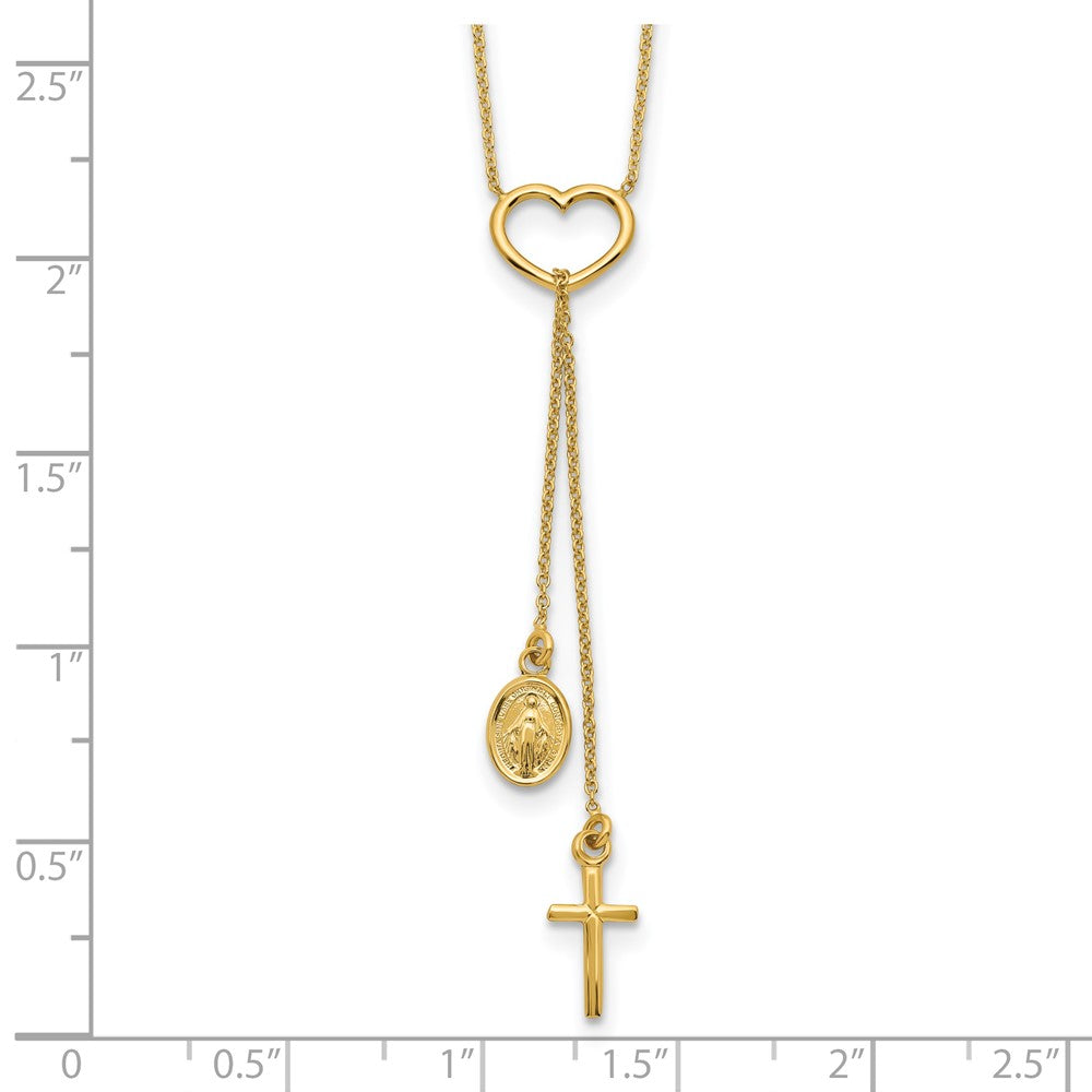 14k Yellow Gold Polished Heart with Dangle Cross and Miraculous Medal Y-Necklace 17"