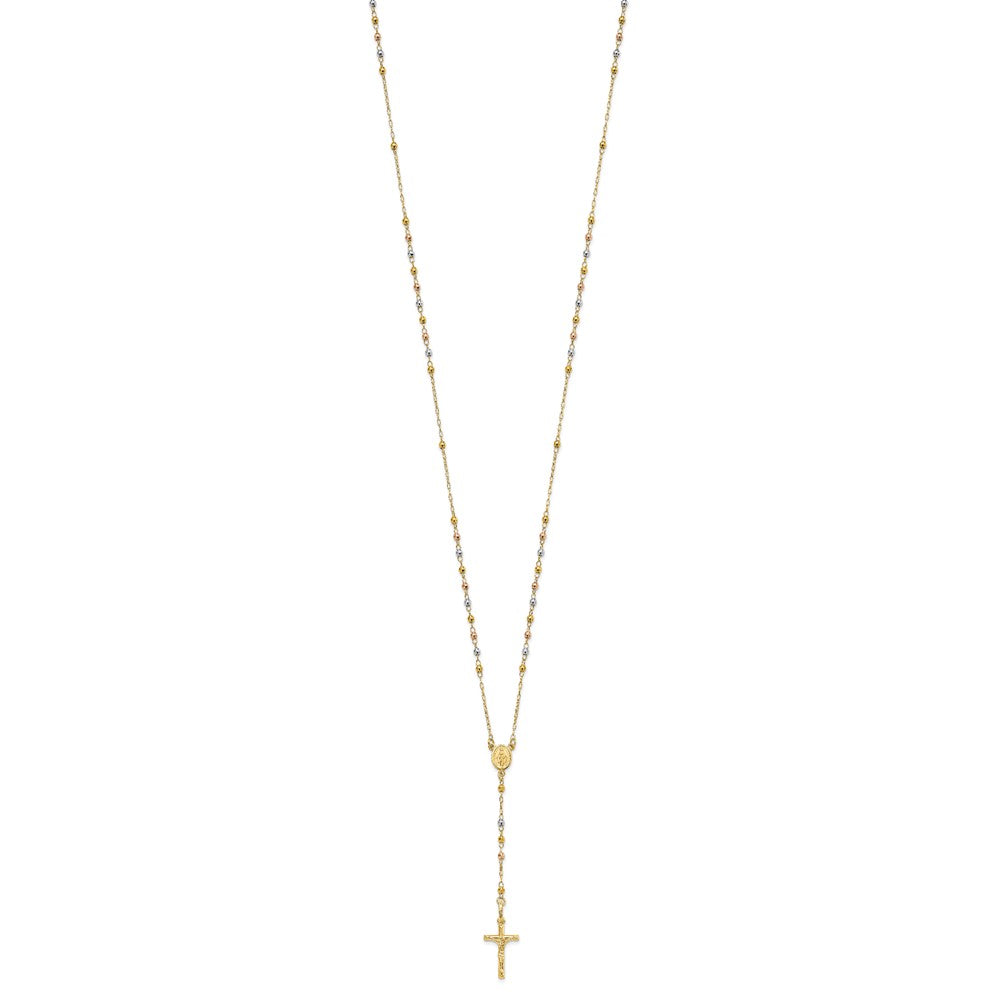 14K Tri-color Polished Crucifix and Miraculous Medal with Faceted Beads Rosary Necklace 24"