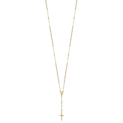 14K Tri-color Polished Crucifix and Miraculous Medal with Faceted Beads Rosary Necklace 24"
