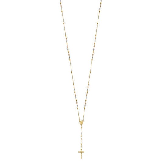 14K Tri-color Polished Crucifix and Miraculous Medal with Faceted Beads Rosary Necklace 24"