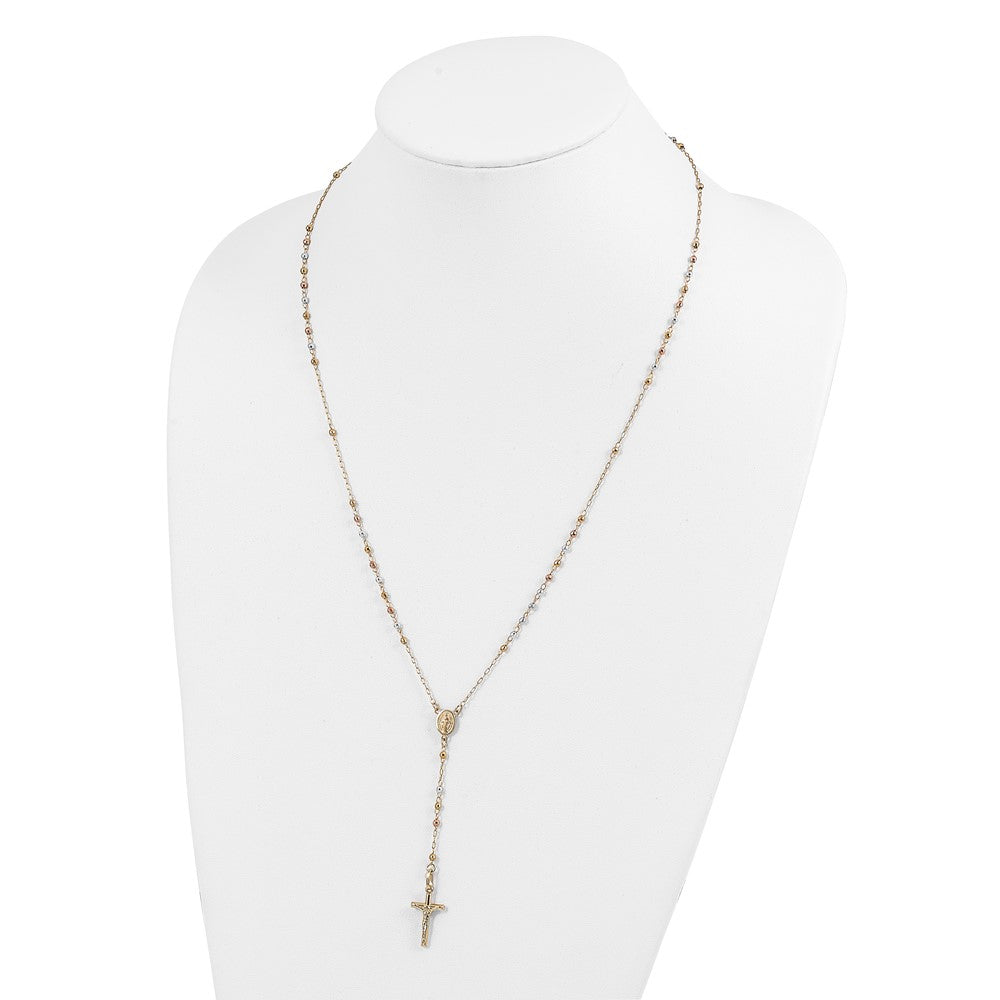 14K Tri-color Polished Crucifix and Miraculous Medal with Faceted Beads Rosary Necklace 24"