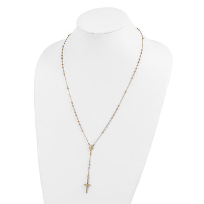 14K Tri-color Polished Crucifix and Miraculous Medal with Faceted Beads Rosary Necklace 24"